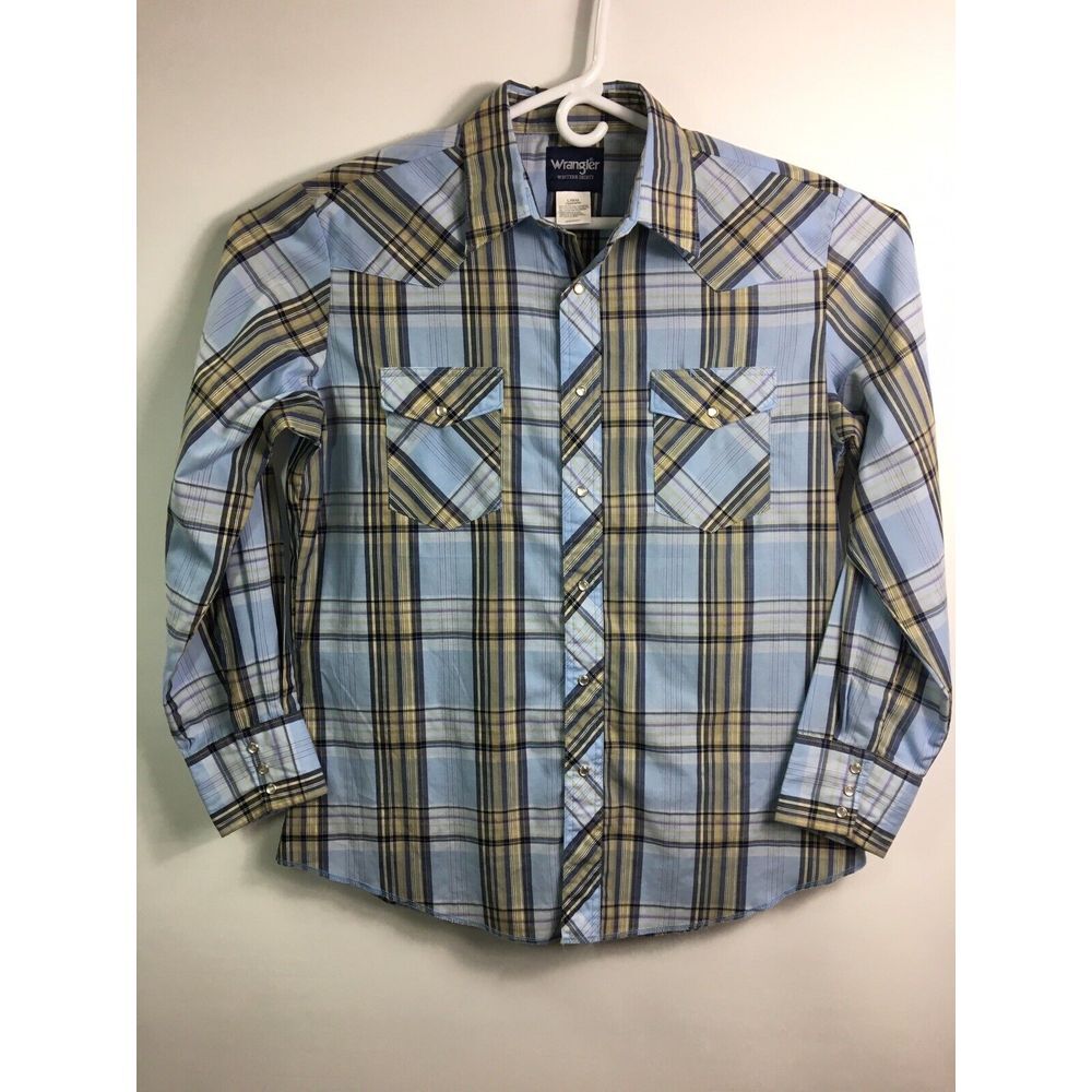 Wrangler Western Shirt Pearl Snap Blue Plaid Button Up Mens Long Sleeve Size Lg